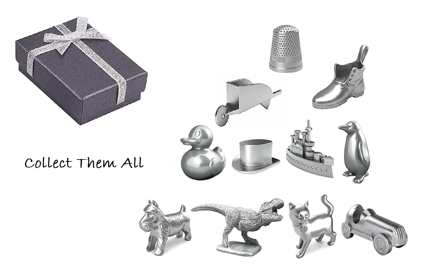 Board Game Moving Pieces And Gift Box Die Cast Silver Game Tokens Playing Player Pieces Dinosaur Duck Car Top Hat Ship Boot Thimble Dog Cat Wheel Barrow Penguin