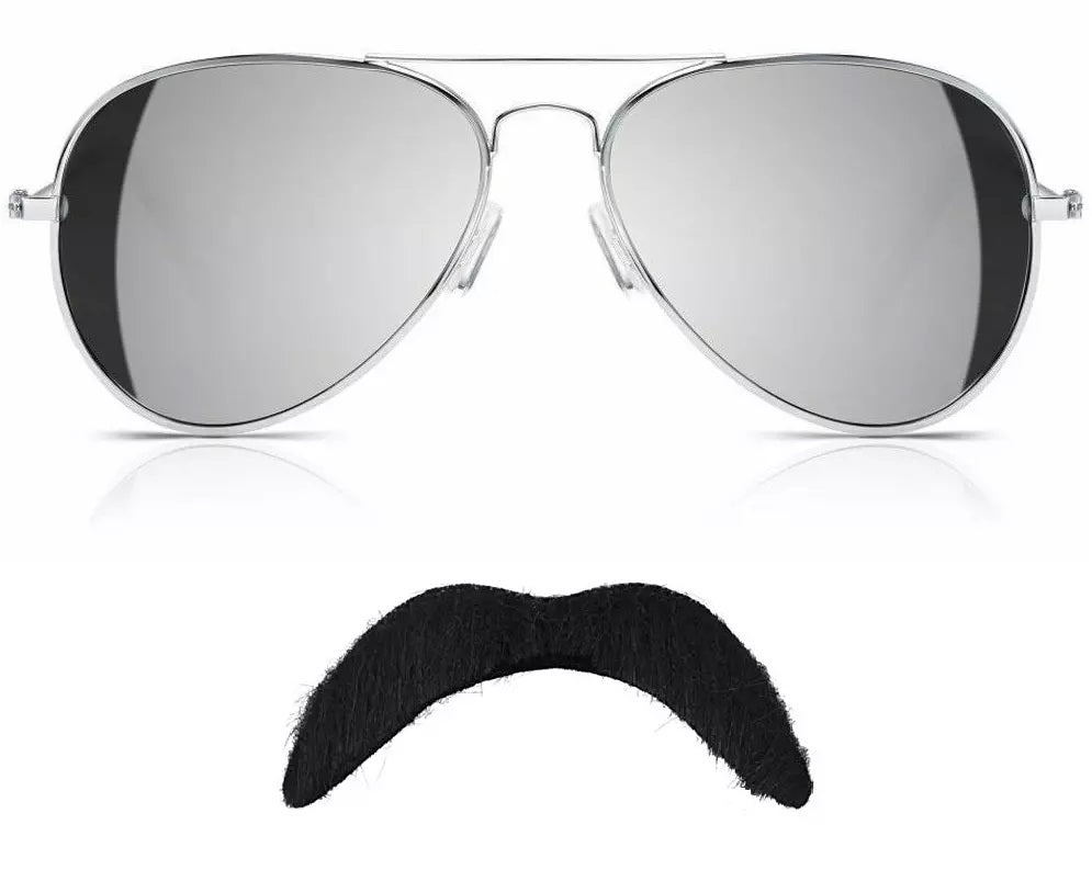 Freddie Mercury Glasses And Moustache Queen Fancy Dress Costume UV Sunglasses And Black Self Adhesive Tash And Case