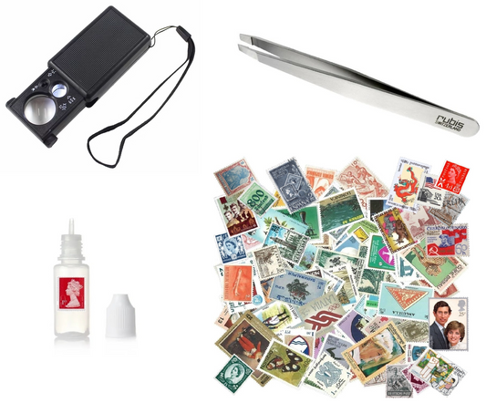 Worldwide Stamps Starter Collectors Set 100 Stamps LED Magnifying Glass Sorting Tweezers Stamp Remover Fluid Off Paper Postage Stamps From The UK USA Spain Finland Canada Europe Netherlands Germany Italy Portugal India Asia Philatelist Collectors GB