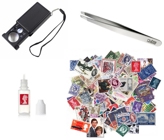 UK GB Stamps Starter Collectors Set 100 Stamps LED Magnifying Glass Sorting Tweezers Stamp Remover Fluid Off Paper Postage Stamps From The UK England United Kingdom Philatelist Collectors GB