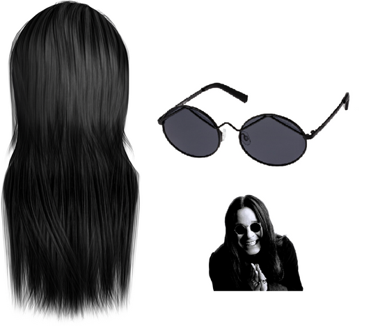 Ozzy Osbourne Wig And Glasses Black Sabbath Fancy Dress Costume Long Real Feel Wig And Round Black UV Glasses - A-ZAREY