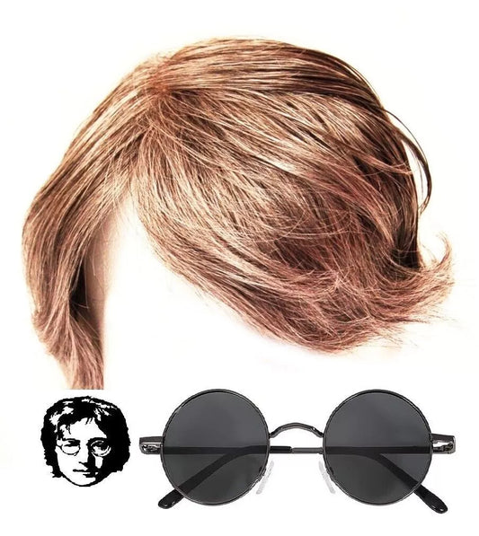 John Lennon Wig And Glasses Lennon Fancy Dress Costume With Brown Hair Piece And Black Round Sunglasses - A-ZAREY