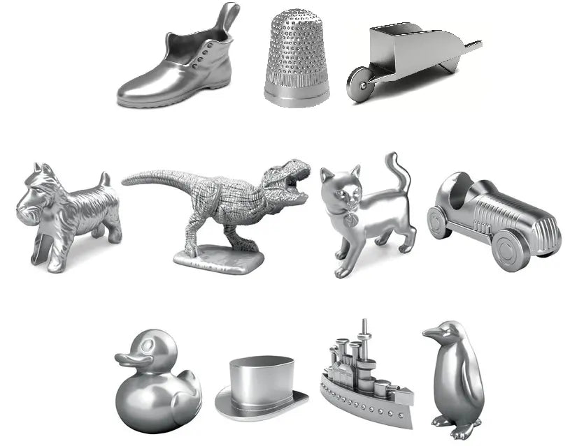 Board Game Moving Pieces Die Cast Silver Game Tokens Playing Player Pieces Dinosaur Duck Car Top Hat Ship Boot Thimble Dog Cat Wheel Barrow Penguin