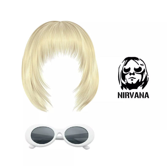 Kurt Cobain Wig And Glasses Nirvana Blonde Hair Piece And White Oval Sunglasses Grunge Fancy Dress Costume - A-ZAREY